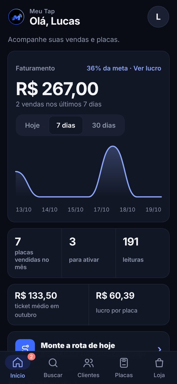 Tela inicial do Meu Tap Pro com o faturamento do mês